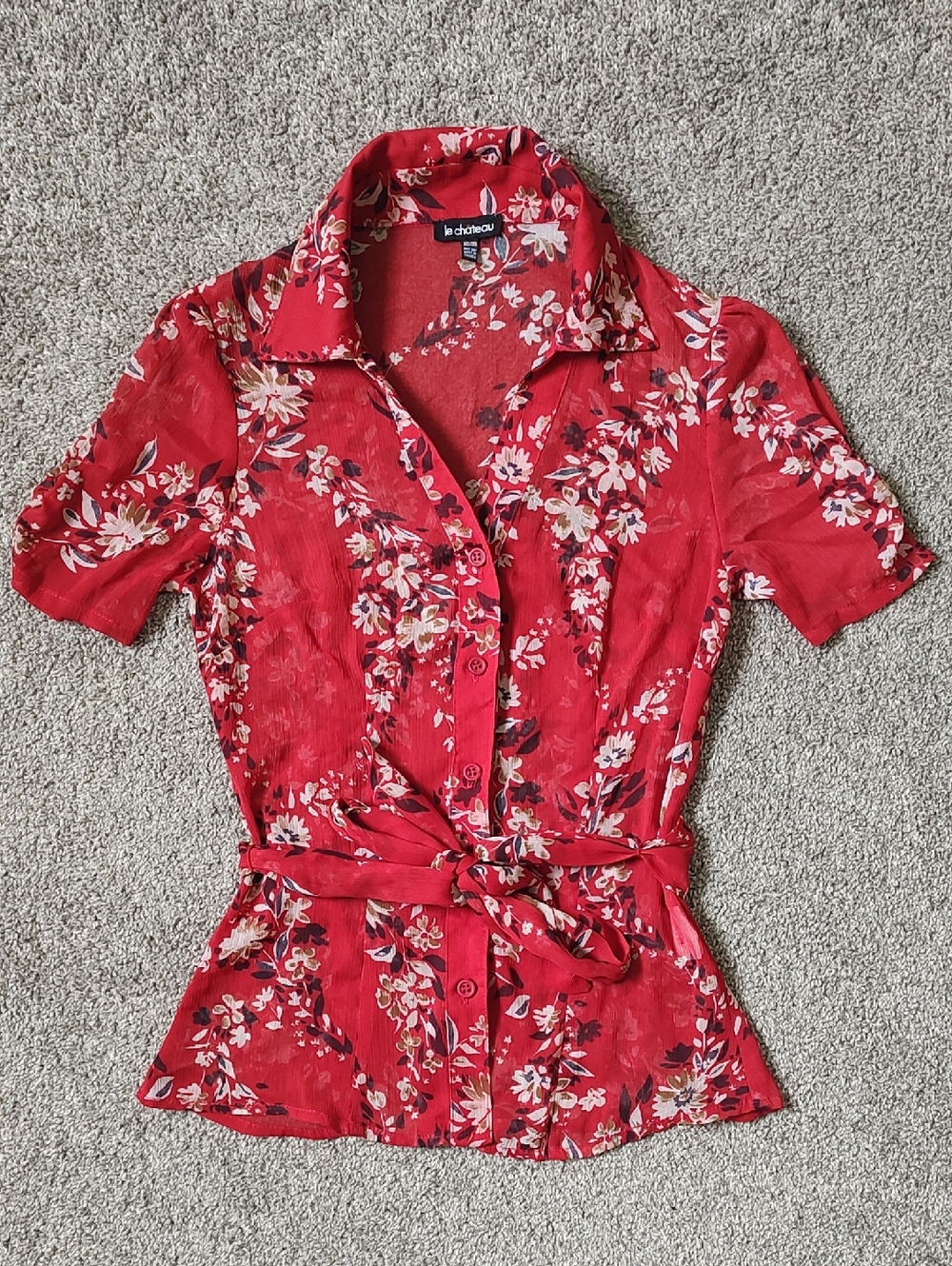 Le Chateau Size XXS Red Floral Print Short Sleeve Button Down Collared Top